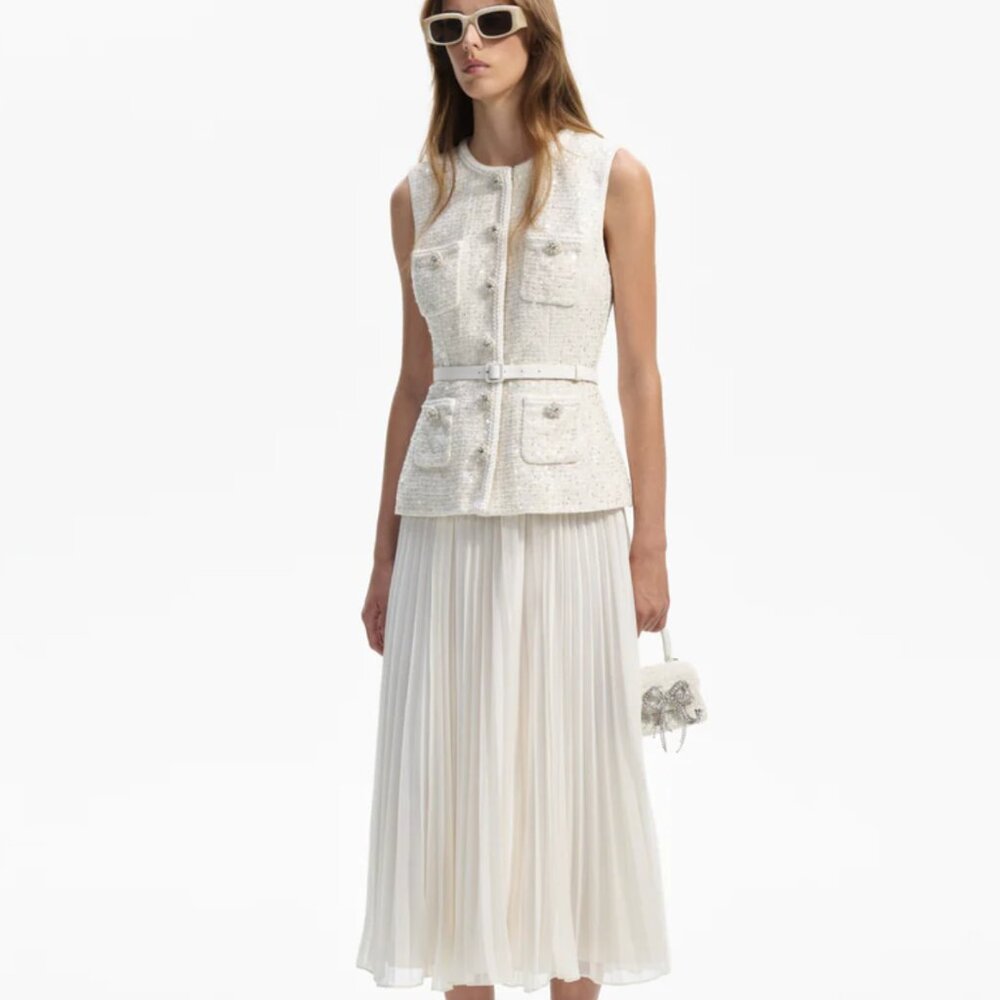 Self Portrait Cream Sequin Boucle Tailored Midi Dress - Picture 3 of 12